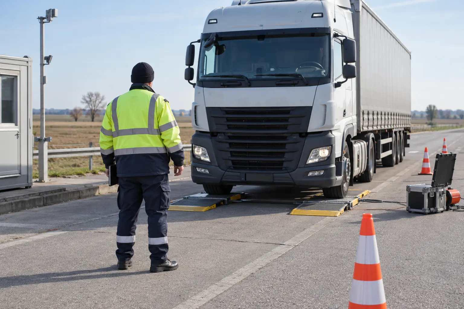 KI-Symbolbild einer Lkw-Kontrolle an einer Prüfspur