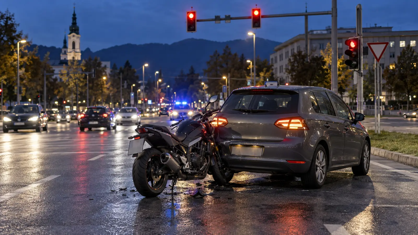 KI-Symbolbild eines Auffahrunfalls zwischen Pkw und Motorrad an einer Klagenfurter Kreuzung
