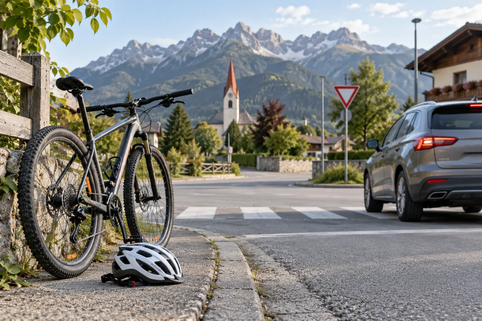 KI-Symbolbild eines Fahrrads mit Helm an einer Tiroler Kreuzung