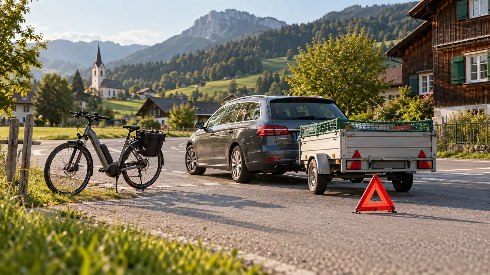 KI-Symbolbild eines E-Bikes und eines Pkw-Anhängergespanns an einer Vorarlberger Kreuzung