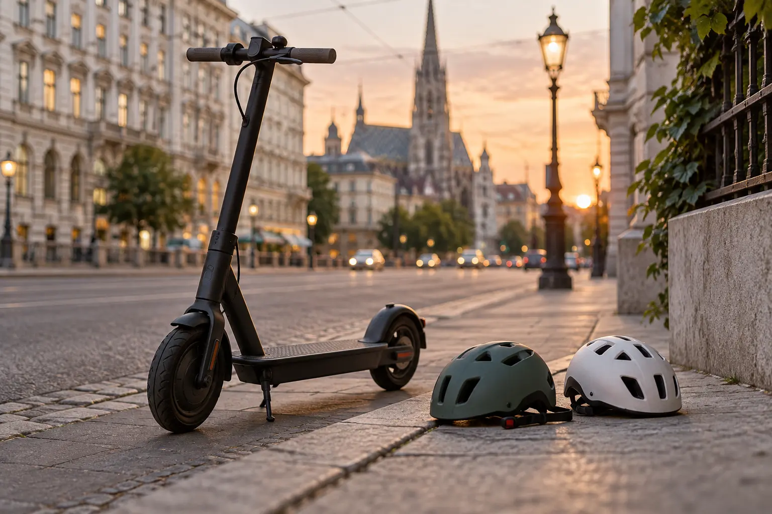 KI-Symbolbild eines abgestellten E-Scooters mit Helmen in Wien